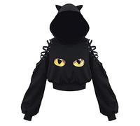 Gothic Kleidung Damen Cat Ears Black Hoodie Langarm Kapuzenpullover Sweatshirt Hollow Out Gothic Tops Bluse Pullover Damen Sexy Klamotten Teenager MäDchen Best Friends Pullover