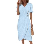 Gothic Kleidung Damen, Damen A-Linien-Midikleid Ärmelloses Strandkleid V-Ausschnitt Kurzarm Sommerkleid Blumendruck Tailliert Curvy Midikleid Sommerkleider Knopf Classic Partykleid (2-Hellblau, XXL)