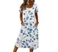 Gothic Kleidung Damen, Damen A-Linien-Midikleid Ballkleider Lang Freizeitkleid Polka Dot Rundhals Kurzarm Sommerkleid Kleider Lockere Casual Boho Kleid Mit Seitentaschen (5-Blau, XL)
