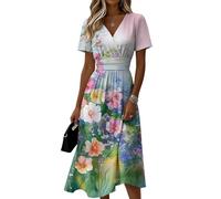 Gothic Kleidung Damen, Damen A-Linien-Midikleid Boho Sommerkleid Leicht A Linie Midikleid Sommerkleider Elegant Luftig Freizeitkleid Wickelkleid V Ausschnitt Kurzarm Sommer Kleid (1-Mehrfarbig, M)