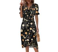 Gothic Kleidung Damen,Damen A-Linien-Midikleid Sommerkleid Leicht V-Ausschnitt Kurzarm Lang Blumenmuster Sommerkleider Boho Kleider Tailliert Knopf Partykleid Freizeitkleid A-Linie Casual(1-Schwarz,S)