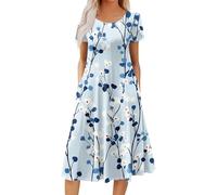 Gothic Kleidung Damen,Kleider Damen Boho Kleid Rundhals Kurzarm Midikleid Lockerer Blumendruck Sommerkleider Shirtkleid Mit Taschen Casual Strandkleid Klassiker Beuqem Freizeitkleider(2-Hellblau,3XL)