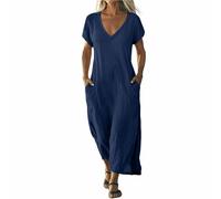 Gothic Kleidung Damen, Kleider Damen Boho Kurzarm Strandkleid Maxikleid Einfarbige V Ausschnitt Midikleid Sommerkleider Loose Fit Luftig Wickelkleid Freizeitkleid Mit Tasche (2-Marine, L)