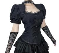 Gothic Lolita Bluse Shirt Emo Spitze Shirts Y2k Punk Puffärmel Crop Tank Tops Vintage Elegant Fairycore Tee Top, Schwarz, Groß
