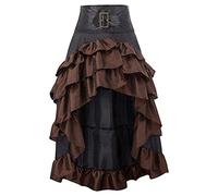 Gothic Rock Damen Lang Schwarz Röcke A-Linie Mittelalter Gothic Rock Damen Rock Knielang mit Schnalle vorne kurz, hinten lang, mit Schnürtaille (1-Brown, XL)