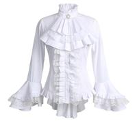 Gothic viktorianische Bluse für Damen, süßes Lolita-Hemd, hoch niedrig, unregelmäßige Rüschen, Lotus-Saum, mittelalterliche Oberteile, Weiss/opulenter Garten, Large