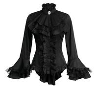 Gothic viktorianische Bluse für Damen, süßes Lolita-Hemd, hoch niedrig, unregelmäßige Rüschen, Lotus-Saum, mittelalterliche Oberteile, Schwarz, Medium