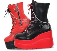 Gothniero Damen Kampf Motorrad Stiefel Rote Plattform Fette Zehen Motorrad Fest Karneval gotische Stiefel für Frauen Punk Stimmung Schuhe mit Metallkette Seite Reißverschluss Runde Zehen Größe 35-42