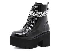 Gothniero Damen Kampf Motorrad Stiefel Schwarz Plattform Chunky Knöchel Moto Festival Rave Goth Stiefels für Frauen Punk emo Schuhe mit Metallketten Seite Reißverschluss