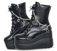 Gothniero Damen Kampf Motorrad Stiefel Schwarz Plattform Chunky Knöchel Moto Festival Rave Goth Stiefels für Frauen Punk emo Schuhe mit Metallketten Seite Reißverschluss Runde Zehe Größe 35-42