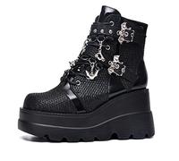 Gothniero Damen Kampf Motorrad Stiefel Schwarz Plattform Chunky Knöchel Moto Festival Rave Goth Stiefels für Frauen Punk emo Schuhe mit Metallketten Seite Reißverschluss Runde Zehe