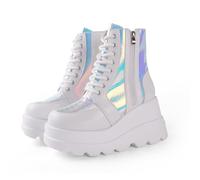 Gothniero Damen Kampf Motorrad Stiefel Weiße Plattform Fette Zehen Motorrad Fest Karneval gotische Stiefel für Frauen Punk Stimmung Schuhe mit Metallkette Seitenreißverschluss Runde Zehen