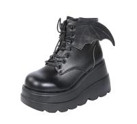 Gothniero Damen Schwarz Kampf Motorrad Stiefel Plattform Knöchel Festival Rave Goth für Frauen Fledermaus Flügel Punk emo Stiefel Runde Zehe Größe 36-43