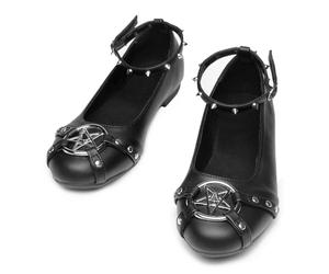 Gothniero Flache Damen-Ballerinas, niedliche Ballerinas, Gothic-Schuhe für Damen, elegant, bequem, mit Nieten und verstellbarem Riemen, Schlupfschuhe, runde Zehen, Größe 36-42, 60 Blk, 38.5 EU