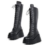 Gothniero Schwarze Plateau-Gothic-Stiefel für Damen, kniehoch, klobiger Absatz, Gothic-Stiefel, Damen, schwarz, Kampf-Motorradstiefel, runde Zehenpartie mit Reißverschluss, Größe 36-42, Schwarz 4