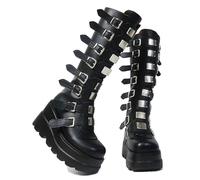 Gothniero Schwarze Plateau-Gothic-Stiefel für Damen, kniehoch, klobiger Absatz, Gothic-Stiefel, Damen, schwarz, Kampf-Motorradstiefel, runde Zehenpartie mit Reißverschluss, Größe 36-42, Black6, 39 EU