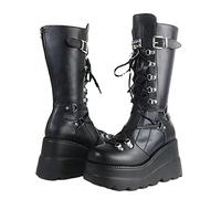 Gothniero Schwarze Plateau-Gothic-Stiefel für Damen, kniehoch, klobiger Absatz, Gothic-Stiefel, Damen, schwarz, Kampf-Motorradstiefel, runde Zehenpartie mit Reißverschluss, Größe 36-42, Schwarz7, 39.5