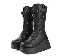 Gothniero Schwarze Plattform Kniestiefel Goth Stiefel Dame Frauen Kampfstiefel moto Stiefel Rave Gothic Schuhe Leicht und komfortabel mit Spitzengröße 35-43