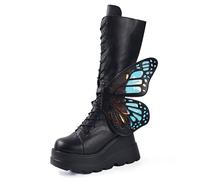 Gothniero schwarze Plattform Kniestiefel Goth Stiefel Mit Flügeln Dame Frauen Kampfstiefel moto Stiefel Rave Gothic Schuhe Leicht und komfortabel mit Spitzengröße 35-43