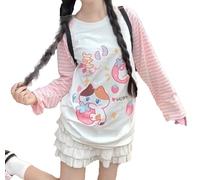 GOTHPICKUS Y2k Damen-Sweatshirt, niedliches Grafik-Sweatshirt, Harajuku, Kawaii, gestreift, Patchwork, Cartoon, lässige T-Shirts, Pink, XL