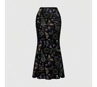 Gotischer, mysteriöser Schlangen-, Schmetterlings-, Motten-, Blattdruck gerüschter Bodycon Meerjungfrauenrock