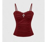 Gotisches Kreuz Anhänger romantisches Spitzen-Patchwork geraffte schmale Passform Damen Trägershirt