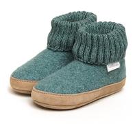 Gottstein Hüttenschuh Alpine Boot LE für Mädchen & Jungen - Kinder Hausschuh aus Schurwolle mit Strickbund & Ledersohle | TIPP: Eine Nummer größer bestellen Oceangreen | 30