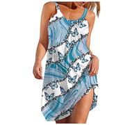 Gouekst Damen-Pullover, Ärmelloses Bedrucktes Kleid - Rosa Flamingo-Druck, Sommer-Rundhals-Strand-Sommerkleid, Böhmischer Mittellanger Sexy Rock Für Damen, Elegante Kleidung, Blau, X, Groß