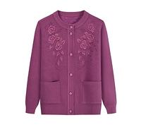 Gouekst Mother's Knitted Sweaters Cardigan - Bestickte Blumen Oma Plus Samtpullover Mantel Warme Strickjacke Mittleren Alters Für Herbst-Winter-Frauen Dickes Oberteil,Lila,X,Large