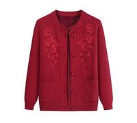Gouekst Mother's Knitted Sweaters Cardigan - Bestickte Blumen Oma Plus Velvet Sweater Coat Warme Strickjacke Mittleren Alters Für Herbst-Winter-Frauen Dickes Oberteil,Weinrot,X,Large