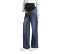 Gowjog Damen Umstandsjeans mit Weitem Bein über dem Bauch Jean Umstandshose Denim Schwangerschaftsjeans mit Taschen (Vintage Blau,L)