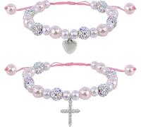 GOWTX 2 Stück Erstkommunion Geschenke Armbänder aus Perlen, Herz und Kreuz Motiv Rosenkranz Armbänder, Rosa Perle und Strasskugeln Herz Armband Mädchen