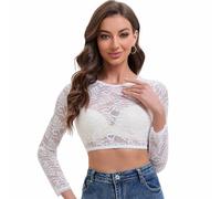 Goxozzy Dirndl Bluse Damen Trachtenbluse Oktoberfest Elegant Rundhals Spitze Langärmlig Weiß Größen 34-44 (DE/NL/SE/PL, Numerisch, 36, Regular, Regular, Weiß)