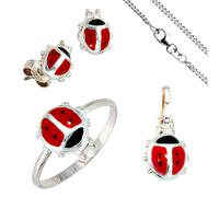 Gr. 48 - Kinder Schmuck-Set Marienkäfer 925 Silber Anhänger Ohrringe Ring Kette 38 cm