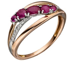 Gr. 52 - Damen Ring 585 Gold Rotgold 5 Rubine rot 16 Diamanten Brillanten Rubinring - Gold / 52