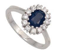 Gr. 52 - Damen Ring 925 Sterling Silber rhodiniert 1 Safir blau 12 Zirkonia SilberringSilber / 54