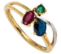Gr. 58 - Damen Ring 585 Gold Gelbgold bicolor 1 Rubin 1 Safir 1 Smaragd GoldringGold / 50
