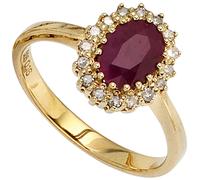 Gr. 60 - Damen Ring 585 Gold Gelbgold 1 Rubin rot 16 Diamanten 0,16ct. Goldring - Gold / 56