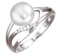 Gr. 60 - Damen Ring 585 Gold Weißgold 1 Süßwasser Perle 6 Diamanten Brillanten Goldring - Gold / 56