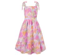 GRACE KARIN A-Line Casual Kleid für Mädchen, Eckiger Ausschnitt Chiffonkleid, Verstellbare Schulterbänder Lila-Rosa Druck 12 Jahre