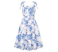 GRACE KARIN A-Line Casual Kleid für Mädchen, Eckiger Ausschnitt Chiffonkleid, Verstellbare Schulterbänder Blau-weiß Porzellan Druck 12 Jahre