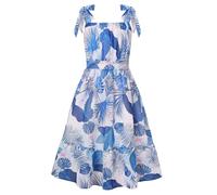 GRACE KARIN A-Line Casual Kleid für Mädchen, Eckiger Ausschnitt Chiffonkleid, Verstellbare Schulterbänder Blau-weiß Tropendruck 14 Jahre