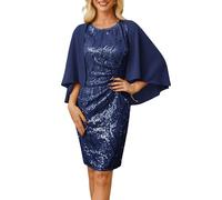 GRACE KARIN Abendkleider Elegant für Hochzeit Rundhals Wickelkleid Kurz Party Cocktailkleider Festlich Pailletten Kleider mit Tüllschal Marineblau S