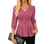 GRACE KARIN Bluse für Damen elegant V-Ausschnitt 3/4-Laternenärmel Hemd plissierter Stretch-Strickpullover für die Arbeit im Büro Dusty Rose L
