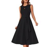 GRACE KARIN Cocktailkleid Hochzeitsgast Damen Midi Abendkleid Elegant | Schwarz XL,Gürtel,Tasche, Rundhals mit plissierten Durchbrüchen,ärmellos,Reißverschluss,dehnbar,Wedding Guest&Party&Prom