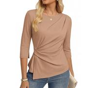 GRACE KARIN Damen 3/4 Ärmel T-Shirt Elegante Oberteile Herbst Wickelbluse | Ärmel mit Schlitzöffnung, Rüschen, ausgeschnittener Halsausschnitt, leicht elastisch, Business Outfit, Slim Fit