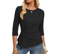 GRACE KARIN Damen 3/4 Ärmel T-Shirt Elegante Oberteile Herbst Wickelbluse | Ärmel mit Schlitzöffnung, Rüschen, ausgeschnittener Halsausschnitt, leicht elastisch, Business Outfit, Slim Fit