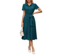 GRACE KARIN Damen A-Line Sommerkleid, Freizeitkleid mit Hemdkragen, Kurzärmeln & Gürtel, Midikleid mit Raffung Pfauenblau S