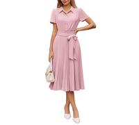 GRACE KARIN Damen A-Line Sommerkleid, Freizeitkleid mit Hemdkragen, Kurzärmeln & Gürtel, Midikleid mit Raffung Hellrosa L