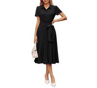 GRACE KARIN Damen A-Line Sommerkleid, Freizeitkleid mit Hemdkragen, Kurzärmeln & Gürtel, Midikleid mit Raffung Schwarz L